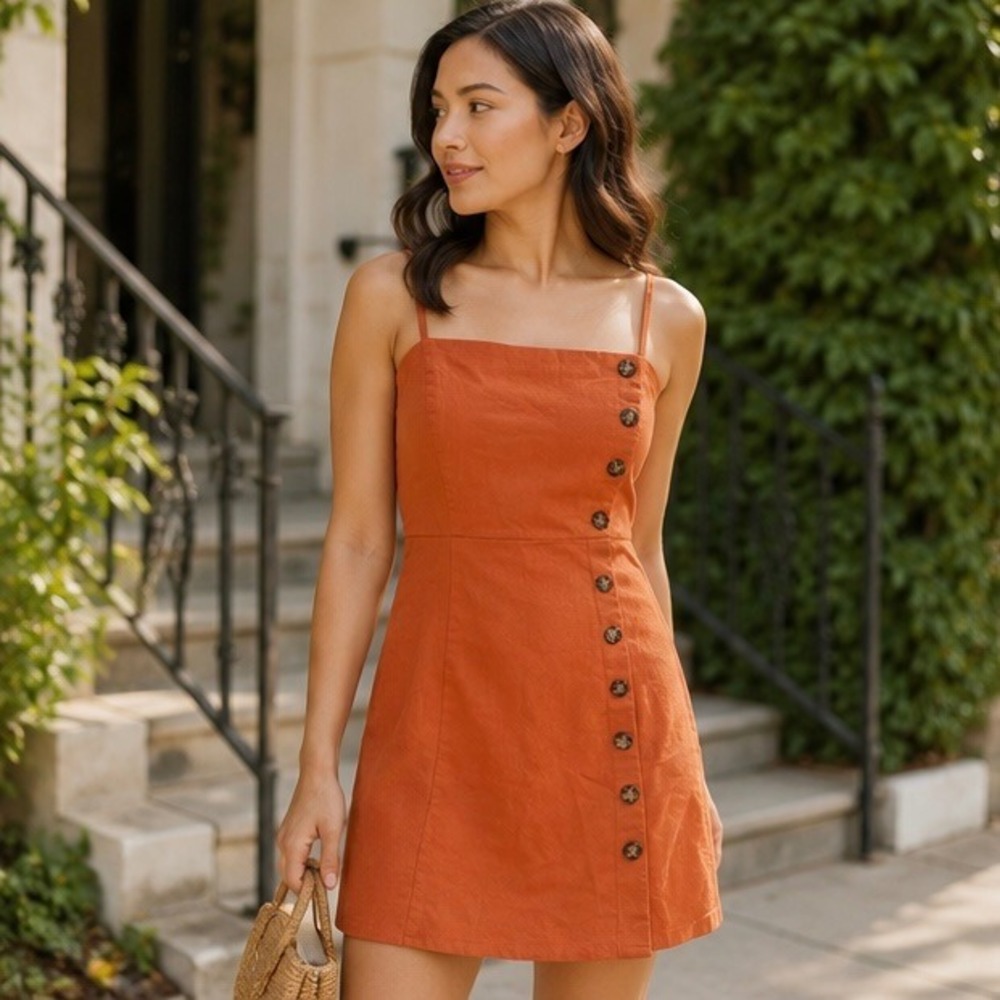 Copper Key Womens Orange Cotton Linen Blend Button Side Smocked Mini Dress S